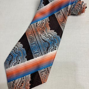 Vintage 1970's Wide Kipper Tie - Stripe Bright and Funky - Made in Malta  Jacquard Woven Polyester Pink Orange Blue and Brown
