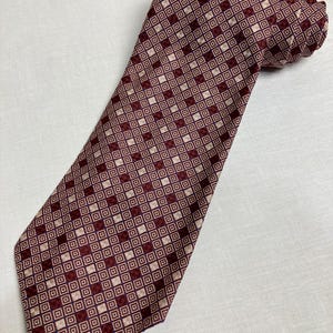 Vintage 1970's Wide Kipper Tie Diamond Check Abstract Jacquard Woven Polyester Maroon Wine Pink Made in Malta