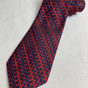 Vintage 1970's Wide Kipper Tie Geometric Check Pattern Made in Malta  Jacquard Woven Polyester Necktie - Blue and Red Trippy