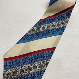 Vintage 1970's Wide Kipper Tie Made in Malta Jacquard Woven Polyester Cream Blue Red Filigree Stripe Boho Fancy