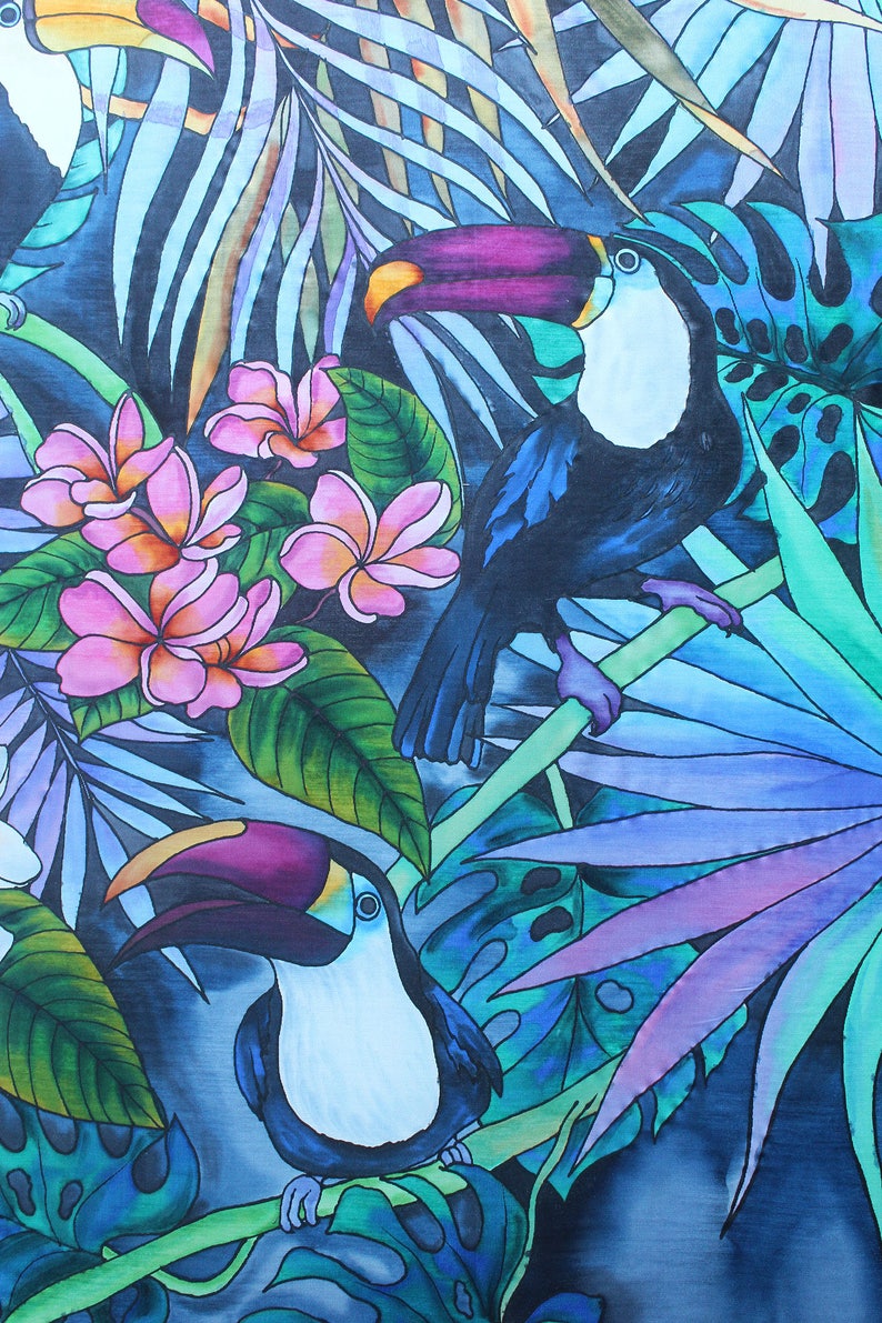  Silk  painting  Toucans Painting  on silk  Modern batik  wall 