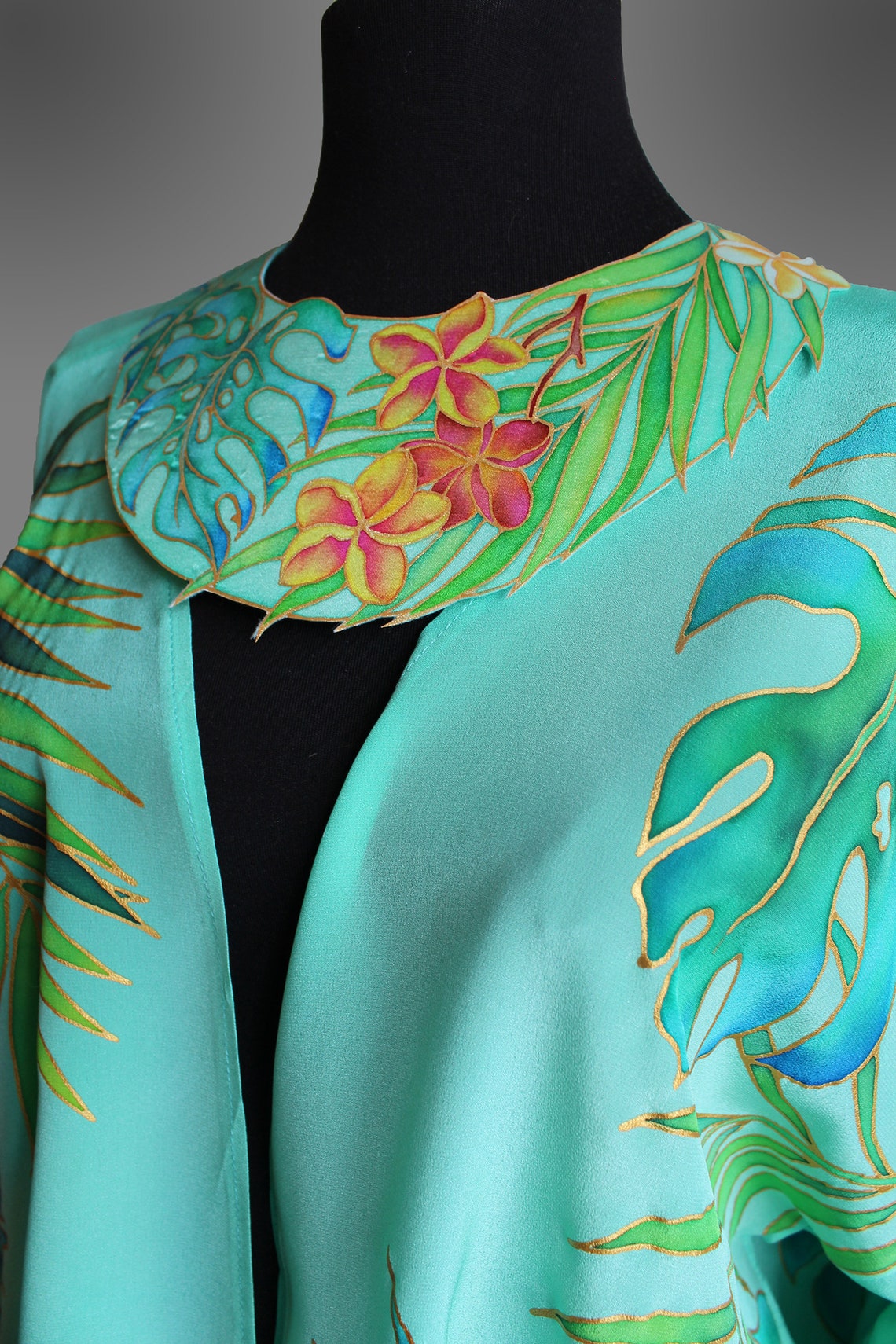 Hand painted silk jacket. Size XS 4XL. Tropical leaves Etsy