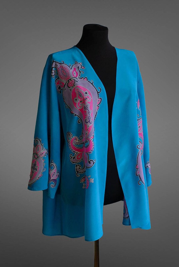 Hand painted silk kimono jacket. Plus size silk jacket. Mother Etsy