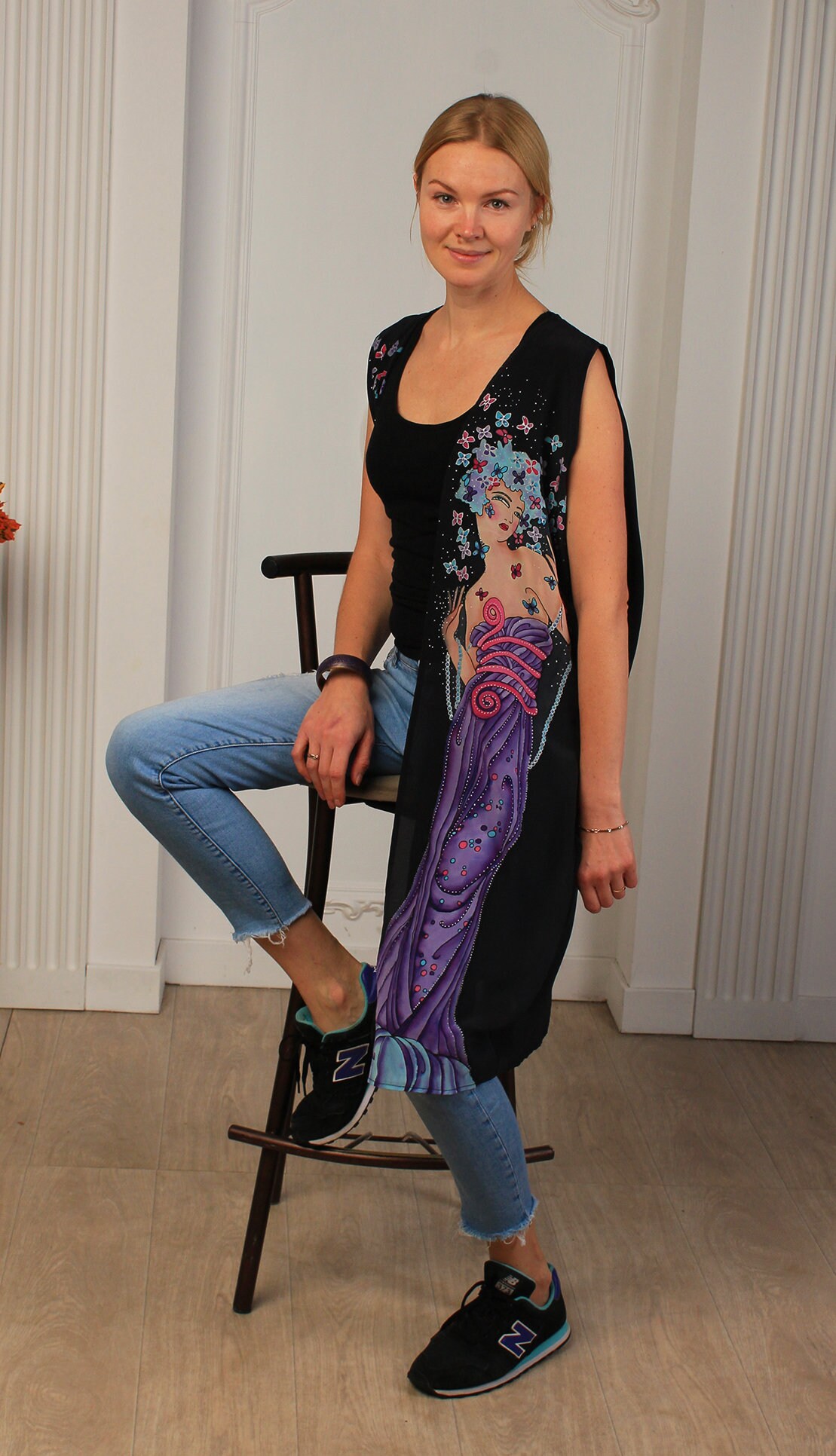 Hand painted silk top. Black silk vest. Art Deco silk vest. Etsy