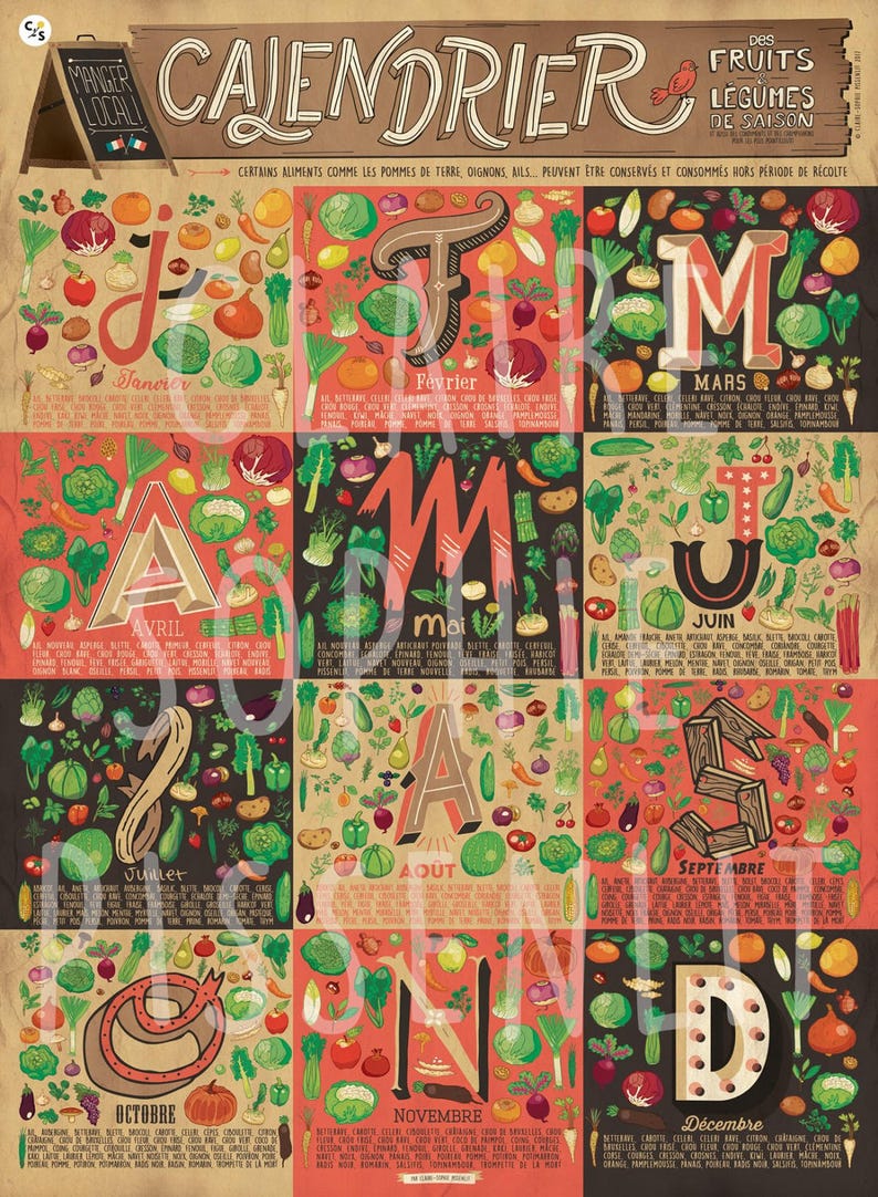 Affiche A2 Calendrier des fruits et légumes de saison Tirage d'art illustré image 3