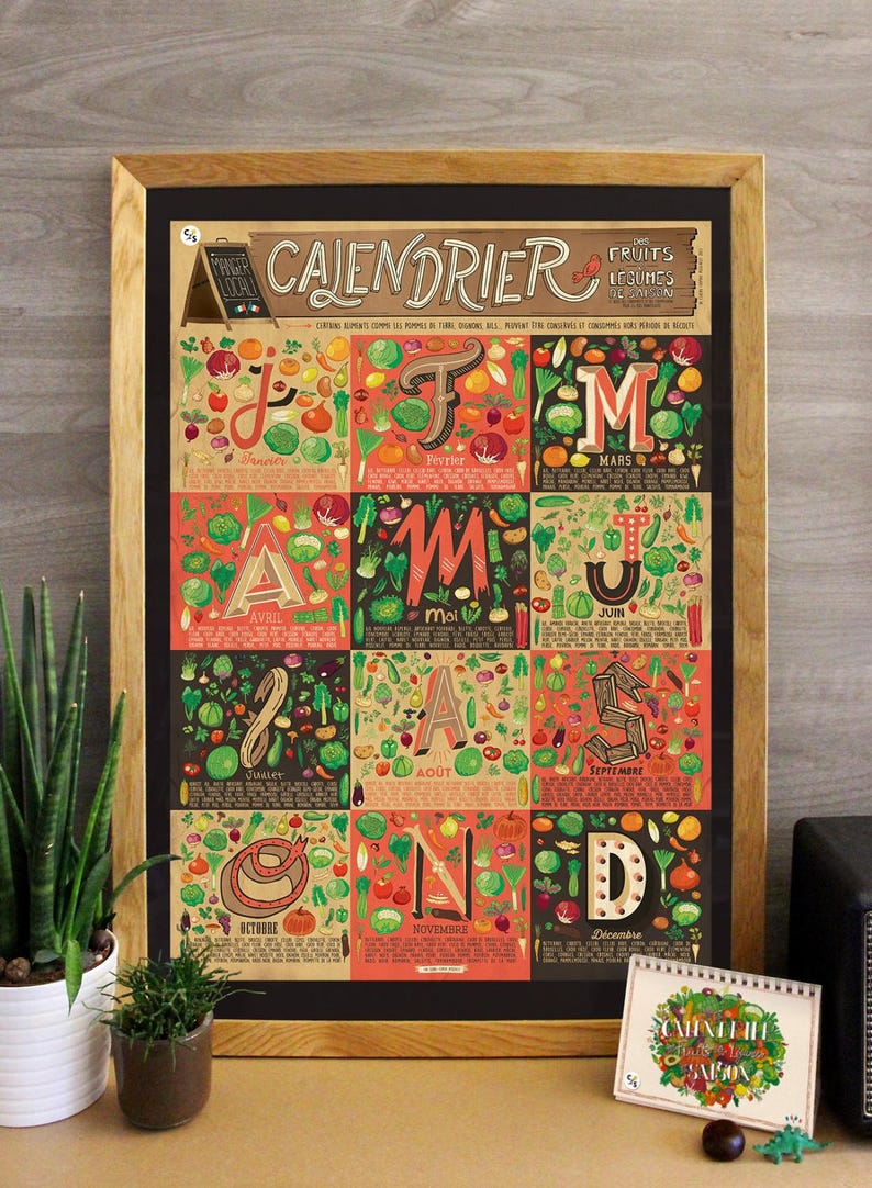 Affiche A2 Calendrier des fruits et légumes de saison Tirage d'art illustré image 1