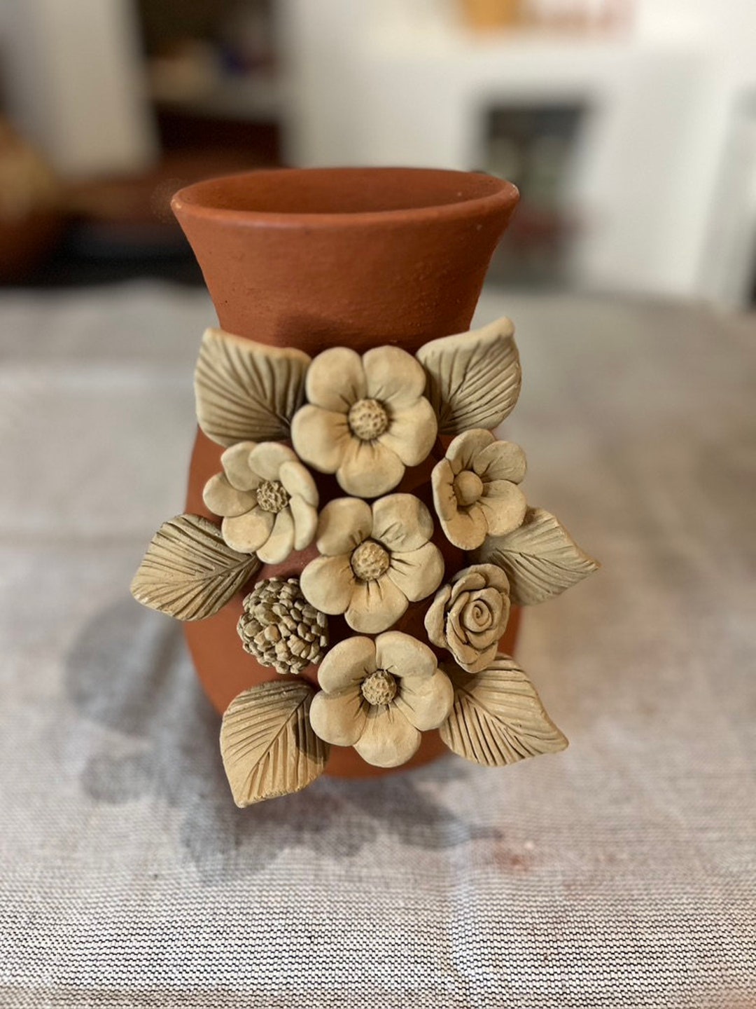 Clay Flower Vase With Flowers v210 Etsy