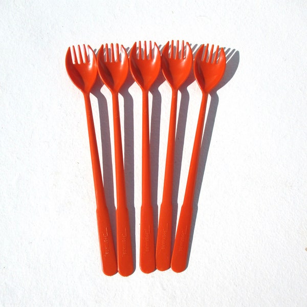 1970s Vintage Tupperware Orange Sporks,Tupperware Gadgets Long Handled Sporks,Retro Orange,Set of 5 Tupperware Burnt Orange Serving Forks