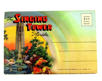 1939 Vintage The Singing Tower Florida Postcard Folder, 1930s Cypress Gardens Winter Haven FL Souvenir Postcard Fold Out