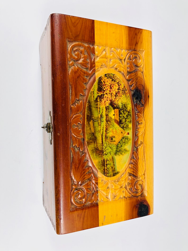 1950s Wood Cedar Jewelry Trinket Box w Mirror Inside ~Top Decoupage Cottage Pastoral Scene