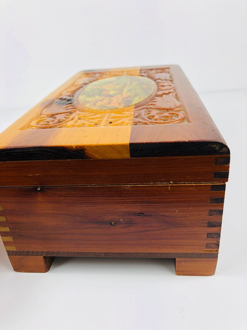 1950s Wood Cedar Jewelry Trinket Box w Mirror Inside ~Top Decoupage Cottage Pastoral Scene