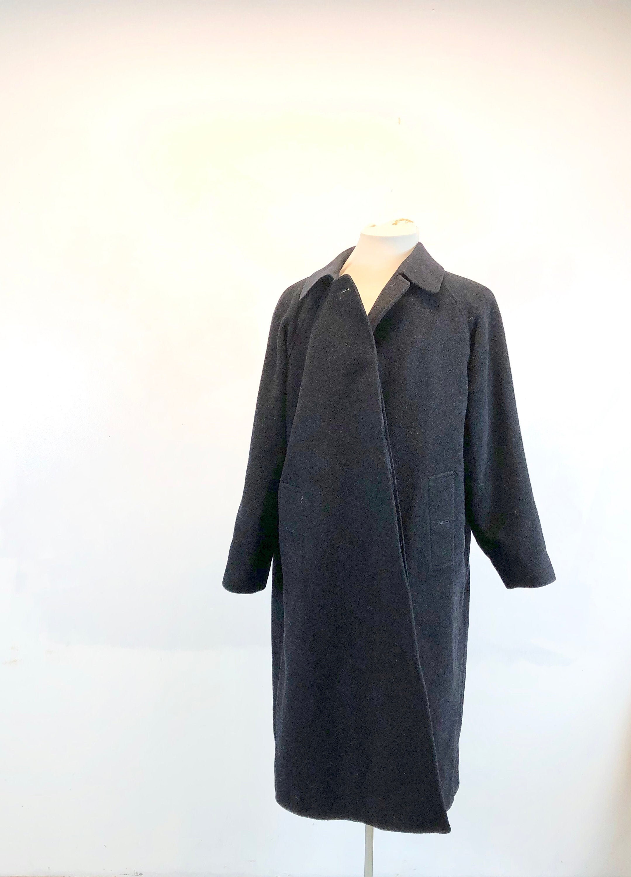 1980s Vintage Burberry Long Trench Cashmere Wool Car Coat Navy Blue Womens~ Burberry for BERTI Genova Piccapietra Size 16-18 XLG Overcoat