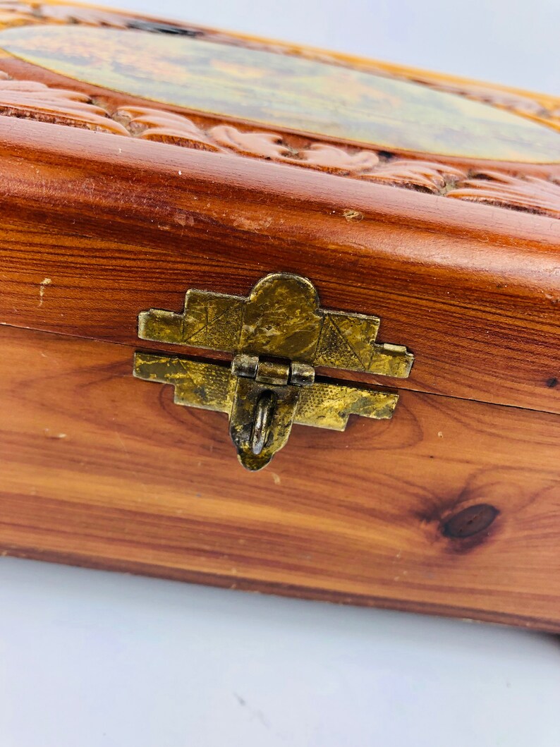 1950s Wood Cedar Jewelry Trinket Box w Mirror Inside ~Top Decoupage Cottage Pastoral Scene