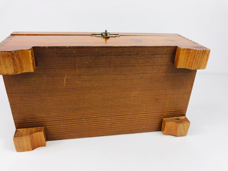 1950s Wood Cedar Jewelry Trinket Box w Mirror Inside ~Top Decoupage Cottage Pastoral Scene