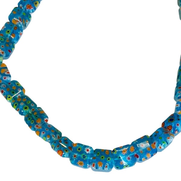 Millefiore Flowers ART GLASS Beads Aqua Teal Square Murano Beads STRAND