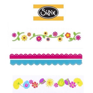 May include: Three different floral border designs for scrapbooking or card making. The top design features a vine with pink, yellow, orange, and green flowers. The middle design is a pink scalloped border with a blue scalloped border underneath. The bottom design features a vine with yellow, pink, orange, and green flowers.