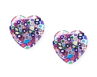 2 MILLEFIORI Flowers ART GLASS Beads Half Drilled Hearts Blue Red 20x4mm