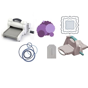 May include: A set of die-cutting machines and dies for crafting. The machines are white and gray with a crank handle. The dies are in various shapes, including circles, squares, and a rectangle. The dies are made of metal and have a silver finish.