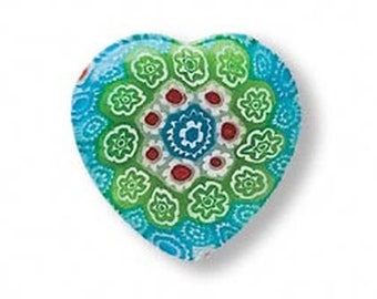 MILLEFIORI Flowers ART GLASS Large Heart Bead Half Drilled Turquoise Green 30x5.5mm
