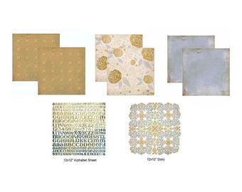 BASIC GREY Wisteria Collection 12x12" Paper Alphabet Sticker Sheet & Doily 8 Pc