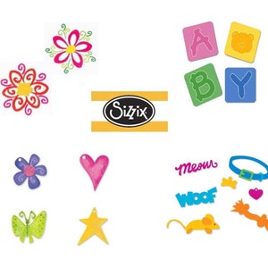 May include: A set of colorful die cut shapes for crafting. The set includes flowers, a heart, a star, a butterfly, a mouse, a bone, a collar, a paw print, and letters that spell "baby" and "meow woof". The set also includes a Sizzix brand label.