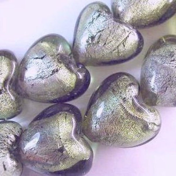 Murano ART GLASS Dichroic Beads Large Taupe Heart Shape LOOSE Silvery Beads