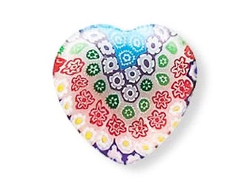 MILLEFIORI Flowers ART GLASS Large Heart Bead Half Drilled Blue Clear Red 30x5.5mm