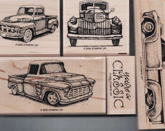 New STAMPIN' UP Classic PICKUPS Rubber Stamps Wood Handle Uncut Vintage Trucks