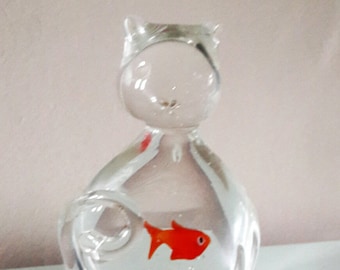Clear Glass Cat with a Goldfish in its tummy