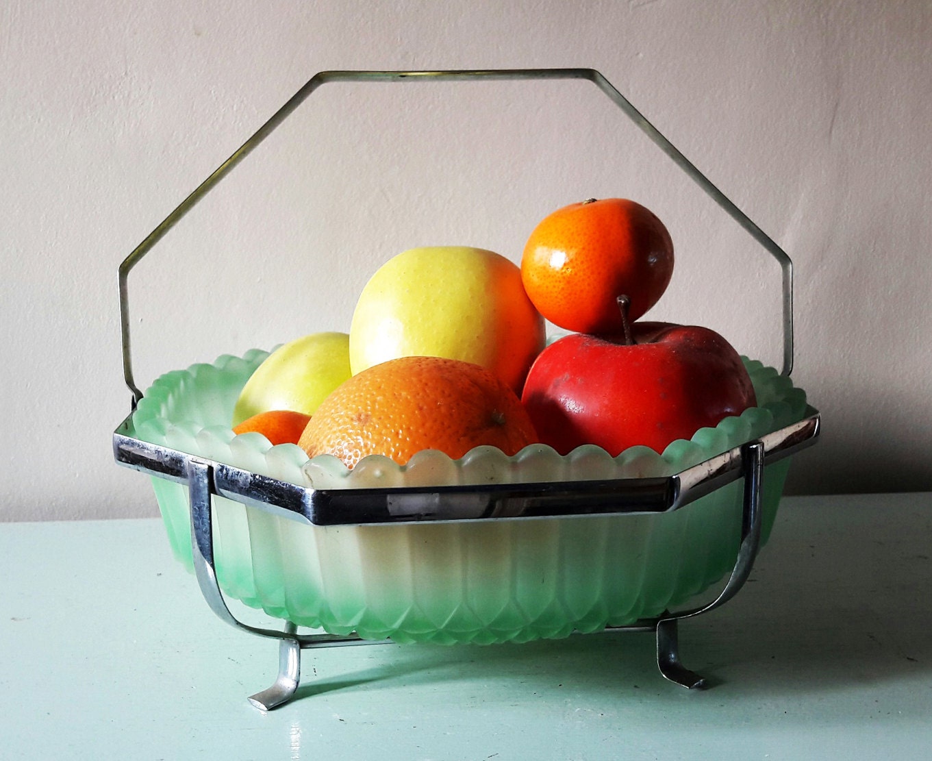 Art Deco Hexagonal Frosted Glass Fruit Bowl With Chrome Stand Etsy UK