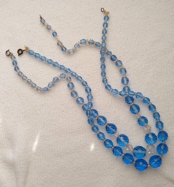 2 Soft Blue Glass Beaded Necklaces, Faceted Glass