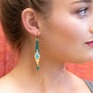 Op de afbeelding: Een paar lange, geperde oorbellen met een turquoise, wit en oranje geometrisch patroon. De oorbellen hangen aan het oor van een persoon.