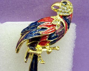 Vintage Brooch Pendant, Large Enamel Parrot on Branch with Pave Rhinestones Pin-Pendant