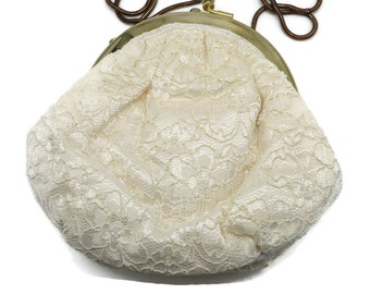 Vintage White Beaded Purse, La Regale Lace and Satin Evening Bag, Bronze Drop Handle