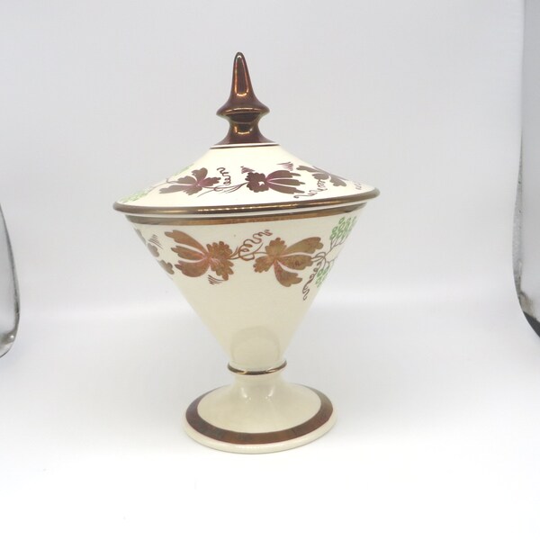 Vintage Covered Candy Dish, Gray's Pottery Hand Painted Gold Luster, British Pottery