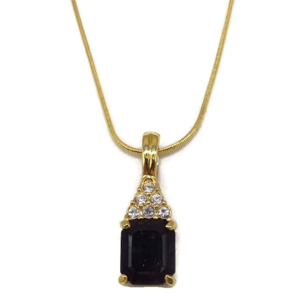 Vintage Pendant Necklace, Signed ROMAN, Rhinestone Topped Black Glass Pendant, Gold Plated Chain Necklace