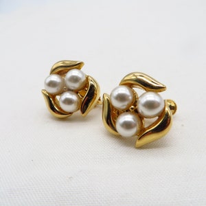 Vintage Napier Earrings Small Faux Pearl Gold Tone Clip-ons image 3