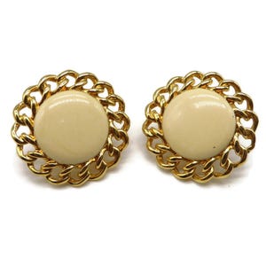 Vintage Napier Cream Bead Gold Framed Clip-on Earrings