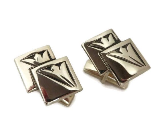 Vintage Pioneer Cuff Links: Etched Silver Tone Double Square