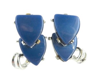 Vintage Double Heart Earrings Blue Lucite Silver Tone Clip-ons