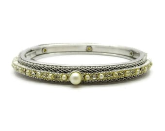 Vintage Bangle, Faux Pearl and Rhinestone Mesh, Silver Tone Hinged Bracelet