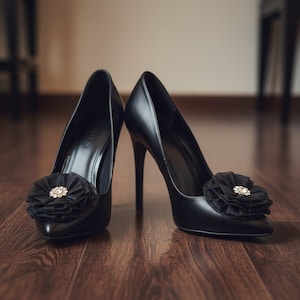 Vintage Shoe Clips, Black Chiffon with Rhinestone Flower Accents