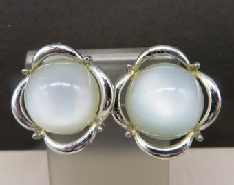 Vintage White Moonstone Earrings, Coro Silver Tone Clip-ons