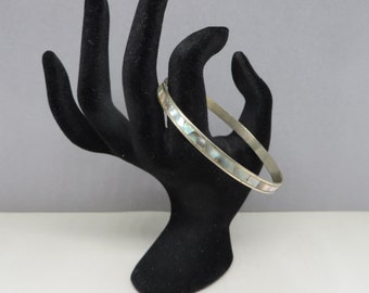 Vintage Mexico Silver Bangle, Abalone Skinny Bracelet