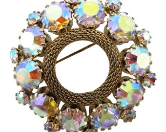 Weiss AB Rhinestone Brooch, Gold Tone Mesh Circle Pin