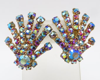 Hattie Carnegie Iridescent Earrings Abstract Multicolor Crystal Clip-ons Vintage Jewelry
