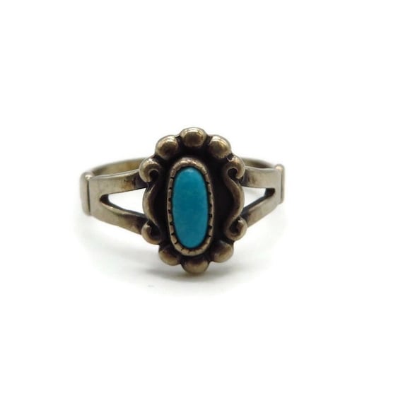 Sterling Silver Turquoise Ring, 1970's Navajo Flo… - image 1