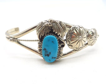 Vintage Navajo Turquoise Cuff, Sterling Silver, Feather and Shield Accents Bracelet, Native American Jewelry