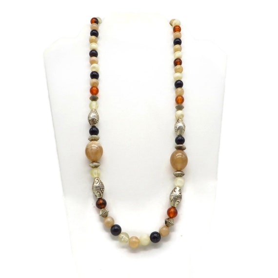 Vintage Multi-Color Beaded Necklace, Silver, Blac… - image 1