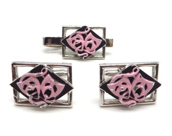 Vintage Cuff Links and Tie Bar Set, Pink Theatre Masks, Silver Tone Suit Accessory